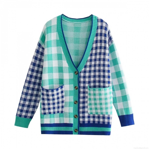 Women's Color Block Checkerboard Knit Cardigan Fashion V-Neck Single Breasted Long Sleeve Loose Sweater With Pockets Casual Tops Women's Color Block Checkerboard Knit Cardigan Fashion V-Neck Single Breasted Long Sleeve Loose Sweater With Pockets Casual Tops