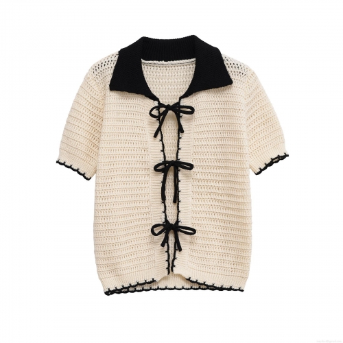 French Vintage Mercerized Cotton Knit Polo Top For Women Contrast Black Bow Tie Short Sleeve Hollow Out Scalloped Edge Slim Fit Knitwear