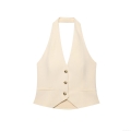 Halter Neck Suit Vest Top Women Sexy Backless Sleeveless 100% Polyester Waistcoat Solid Apricot Single Breasted Summer Elegant Chic Camisole Office Lady Outfit