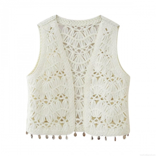 Women Crochet Tank Top With Shell Tassel Boho Knit Vest Hollow Out V-Neck Pullover Crop Top For Summer Beach Vacation Casual Sleeveless Top Women Crochet Tank Top With Shell Tassel Boho Knit Vest Hollow Out V-Neck Pullover Crop Top For Summer Beach Vacation Casual Sleeveless Top