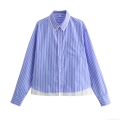Women Fashionable Blue and White Vertical Striped Long Sleeve Shirt Contrast Fake Two-Piece Hem Button Down Collar Blouse with Pocket for Spring Autumn Daily Casual Office Lady Streetwear