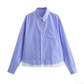 Women Fashionable Blue and White Vertical Striped Long Sleeve Shirt Contrast Fake Two-Piece Hem Button Down Collar Blouse with Pocket for Spring Autumn Daily Casual Office Lady Streetwear