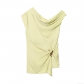 Women's Sexy Asymmetric Slant Neck Sleeveless Top Elegant Pleated Satin Texture Blouse With Metal Buckle For Summer Party Dating Slim Fit Pullover Shirt