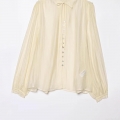 Women Elegant Long Sleeve Blouse Bow Tie Stand Collar Pleated Shirt With Ruffle Cuffs Solid Color Casual Polyester Tops For Ladies