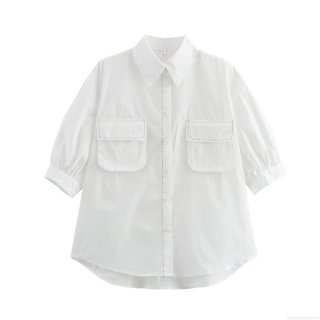 Women's White Contrast Stitching Short Sleeve Shirt With Double Flap Pockets Casual Workwear Loose Blouse Lady Sweet Woven Top