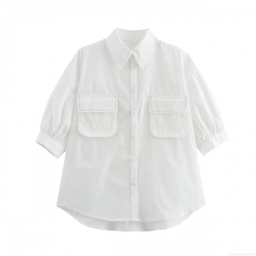Women's White Contrast Stitching Short Sleeve Shirt With Double Flap Pockets Casual Workwear Loose Blouse Lady Sweet Woven Top