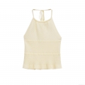 Women's Sexy Halter Neck Knitted Camisole Top Ruffled Hem Backless Crochet Tank Top For Summer Vacation Beach Sweet Solid Color Crop Top