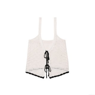 Women's Sexy Crochet Knit Tank Top Ivory White With Black Trim Bow Tie Front Hollow Out Camisole For Beach Vacation Summer Streetwear Boho Crop Top Women's Sexy Crochet Knit Tank Top Ivory White With Black Trim Bow Tie Front Hollow Out Camisole For Beach Vacation Summer Streetwear Boho Crop Top