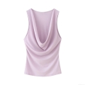 Women's Cowl Neck Sleeveless Top Ribbed Knit Polyester Cotton Blend Draped Pleated Slim Fit Tank Top For Daily Dating Party Elegant Socialite Style