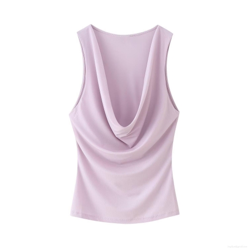 Women's Cowl Neck Sleeveless Top Ribbed Knit Polyester Cotton Blend Draped Pleated Slim Fit Tank Top For Daily Dating Party Elegant Socialite Style