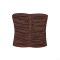 Women Sexy Ruched Tube Top Strapless Polyester Linen Blend Corset Top With Front Buttons Solid Color Slim Fit Chic Crop Top For Party Dating Daily Summer