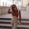 Women's Sexy Deep Brown Long Sleeve Crop Top Round Neck Twisted Front Cross Wrap Pleated Slim Fit T-Shirt Polyester Spandex Streetwear Blouse With Back Zipper