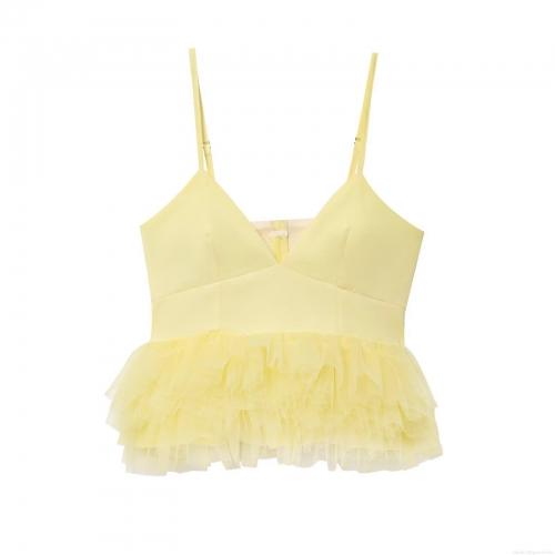 Women's Sexy V Neck Mesh Patchwork Peplum Camisole Top Elegant Solid Yellow Sleeveless Adjustable Spaghetti Strap Tank Top For Party Clubwear