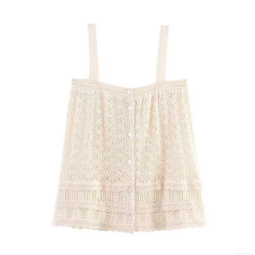 Women's Sexy Crochet Knit Cami Top Vintage Lace Hollow Out Button Down Spaghetti Strap Sleeveless Vest For Summer Beach Vacation Streetwear Boho Style Off White