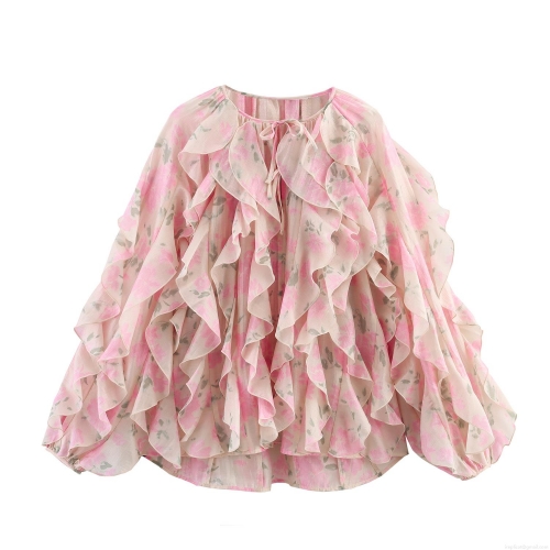 Women's Pink Floral Chiffon Blouse Elegant Multi Layer Ruffle Long Sleeve Shirt Sweet Tie Neck Pullover Top for Ladies Casual Dating Spring Autumn Fashion