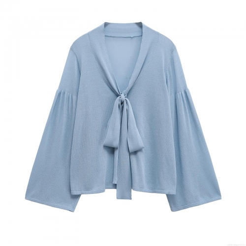Women's V Neck Lantern Sleeve Tie Front Knit Blouse Elegant Solid Color Semi-transparent Shirt Top for Spring Fashion Casual Dating Lady