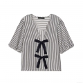Women Fashion Black White Striped Blouse Bow Tie V Neck Puff Short Sleeve Seersucker Shirt Top Casual Sweet Blouse For Lady
