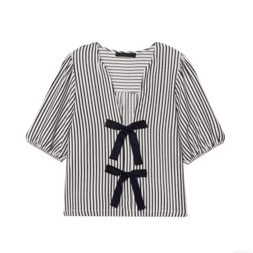 Women Fashion Black White Striped Blouse Bow Tie V Neck Puff Short Sleeve Seersucker Shirt Top Casual Sweet Blouse For Lady