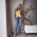 Women's Yellow Knit Tank Top Slim Fit Ribbed Sleeveless Vest With Metal Buttons Elegant U-Neck Polyester Knitwear For Summer Daily Vacation Fashion Lady Top