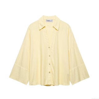 Women's Oversized Lantern Sleeve Shirt Lightweight Polyester Solid Color Blouse V-Neck Single-Breasted Casual Top For Daily Streetwear