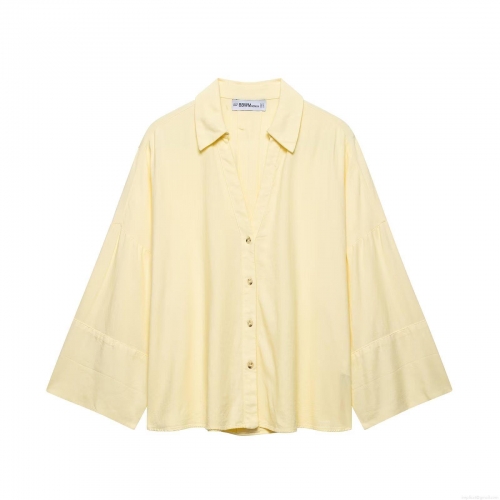 Women's Oversized Lantern Sleeve Shirt Lightweight Polyester Solid Color Blouse V-Neck Single-Breasted Casual Top For Daily Streetwear