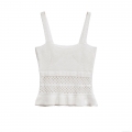 Women's Knit Tank Top Crochet Hollow Out Ruffle Hem Sleeveless Vest Top French Style Slim Fit Camisole For Summer Dating Party