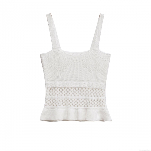 Women's Knit Tank Top Crochet Hollow Out Ruffle Hem Sleeveless Vest Top French Style Slim Fit Camisole For Summer Dating Party