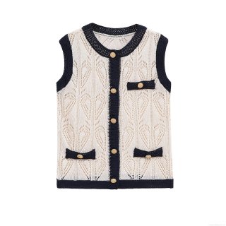 Women's Hollow Knit Vest Mercerized Cotton Contrast Trim Sleeveless Top With Gold Buttons Elegant Retro Chanel Style Slim Tank For Ladies Women's Hollow Knit Vest Mercerized Cotton Contrast Trim Sleeveless Top With Gold Buttons Elegant Retro Chanel Style Slim Tank For Ladies