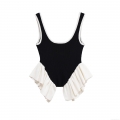 Women's Ribbed Knit Camisole Tank Top Contrast Black White Patchwork Ruffle Trim U-Neck Slim Fit Sexy Streetwear Sleeveless Bodysuit Top