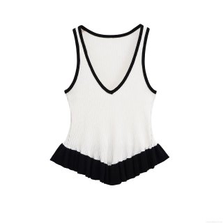 Women's Contrast Color V-Neck Ribbed Knit Tank Top Sexy Ruffle Hem Sleeveless Slim Fit Camisole Casual Summer Streetwear Party Clubwear