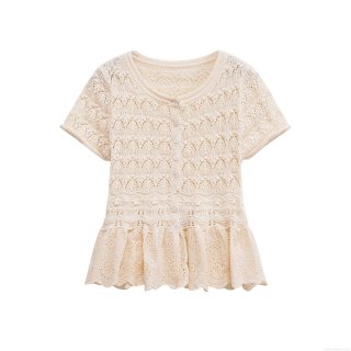 Women's Vintage Hollow Out Knitted T-Shirt Round Neck Short Sleeve Top With Ruffle Lace Hem And Buttons Romantic Casual Polyester Blouse For Summer
