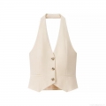 Apricot Elegant French Style Slim Fit Halter Neck Vest Women's Sleeveless Polyester Button Decor Tank Top Clubwear Party Crop Top
