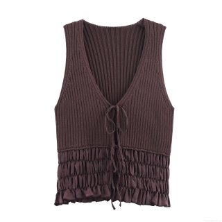 Women's Sexy Ruffle Knit Tank Top V Neck Tie Up Front Ribbed Patchwork Slim Fit Sleeveless Crop Top For Women INS Style Coffee Women's Sexy Ruffle Knit Tank Top V Neck Tie Up Front Ribbed Patchwork Slim Fit Sleeveless Crop Top For Women INS Style Coffee