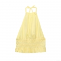 Women's Summer Halter Neck Top Polyester Smocking Elastic Waist Ruffle Hem Sleeveless Sexy Backless Slim Fit Blouse For Casual Beach Party Lady