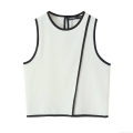 Women's Elegant Contrast Trim Crepe Tank Top Sleeveless Woven Crew Neck Slim Fit Short Vest With Back Keyhole Button For Daily Casual White