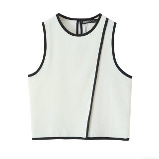 Women's Elegant Contrast Trim Crepe Tank Top Sleeveless Woven Crew Neck Slim Fit Short Vest With Back Keyhole Button For Daily Casual White