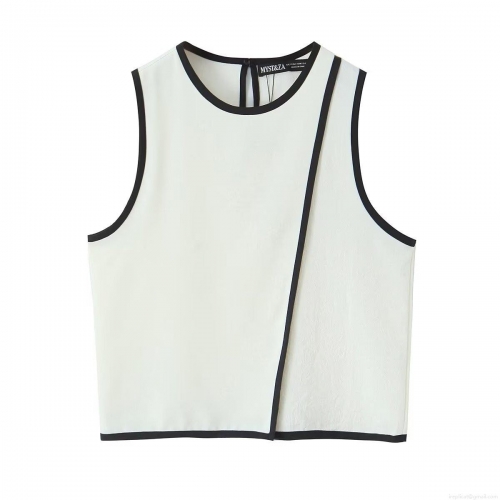 Women's Elegant Contrast Trim Crepe Tank Top Sleeveless Woven Crew Neck Slim Fit Short Vest With Back Keyhole Button For Daily Casual White
