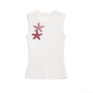 Women Slim Fit Ribbed Knit Tank Top With Handcrafted Starfish Beaded Patches Sleeveless Round Neck Mercerized Cotton Summer Crop Top