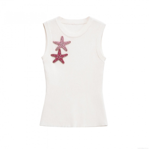 Women Slim Fit Ribbed Knit Tank Top With Handcrafted Starfish Beaded Patches Sleeveless Round Neck Mercerized Cotton Summer Crop Top