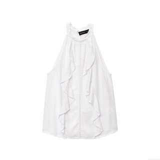 Women's White Linen Blend Halter Top Sleeveless Ruffle Blouse With Hollow Out Embroidery Layered Tank Top For Summer Vacation Daily Sweet Style
