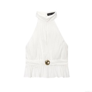 Women Halter Pleated Top Faux Tencel Sleeveless Backless Shirt With Gold Metal Buckle Sexy Party Clubwear Summer Tank Top