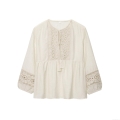 Women's Bohemian Long Sleeve Blouse Crochet Lace Patchwork Shirt With Tassel Tie Round Neck Solid Color Top For Vacation Daily Wear