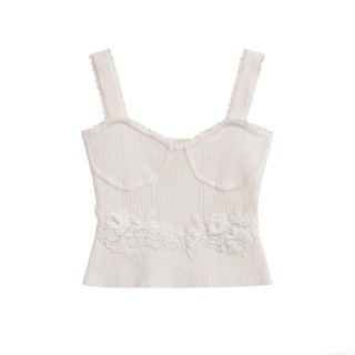 Women's French Style Ribbed Knit Camisole With Lace Trim And Floral Applique Elegant Slim Fit Sleeveless Crop Top Summer Backless Tank Top Sexy White Vest For Party Daily Wear