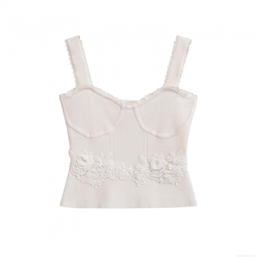 Women's French Style Ribbed Knit Camisole With Lace Trim And Floral Applique Elegant Slim Fit Sleeveless Crop Top Summer Backless Tank Top Sexy White Vest For Party Daily Wear