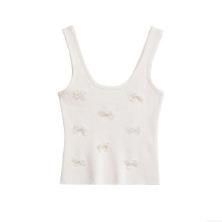 Women's Mercerized Cotton Ribbed Knit Camisole With Pearl Rhinestone Bow Decoration Sleeveless Slim Fit Crop Top For Summer Party Elegant Sexy Socialite Style Tank Top