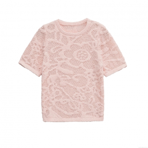 Women's Short Sleeve Knit Top 3D Floral Textured Crew Neck Loose Casual Polyester T-Shirt Pink Streetwear Summer Fashion Top