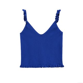Women's Royal Blue V-Neck Knitted Camisole Top With Ruffle Shoulder Straps And Lettuce Trim Hem Slim Fit Sleeveless Polyester Knit Tank Top For Summer Daily Vacation Women's Royal Blue V-Neck Knitted Camisole Top With Ruffle Shoulder Straps And Lettuce Trim Hem Slim Fit Sleeveless Polyester Knit Tank Top For Summer Daily Vacation