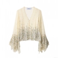 Elegant Women's Polyester Silk Blend Floral V-Neck Chiffon Blouse Long Flare Sleeve Printed Shirt Bohemian Style Casual Tops
