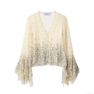 Elegant Women's Polyester Silk Blend Floral V-Neck Chiffon Blouse Long Flare Sleeve Printed Shirt Bohemian Style Casual Tops