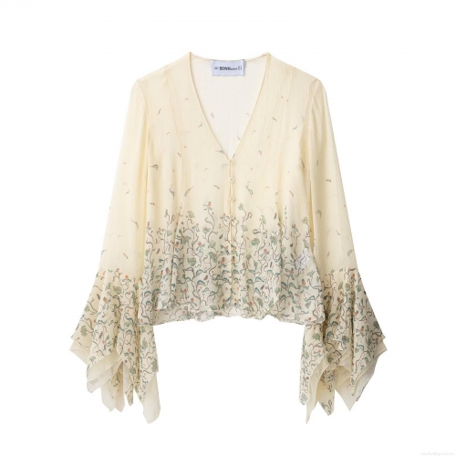Elegant Women's Polyester Silk Blend Floral V-Neck Chiffon Blouse Long Flare Sleeve Printed Shirt Bohemian Style Casual Tops